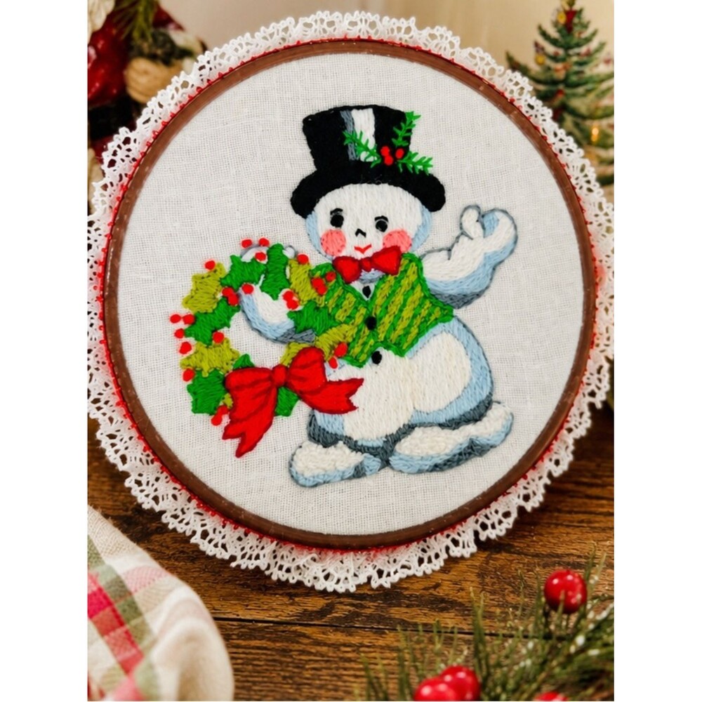Vintage Hand Embroidered Snowman Christmas Hoop Wall Hanging Lace Trim Decor